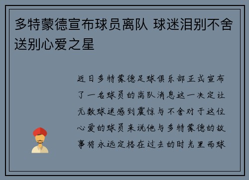 多特蒙德宣布球员离队 球迷泪别不舍送别心爱之星